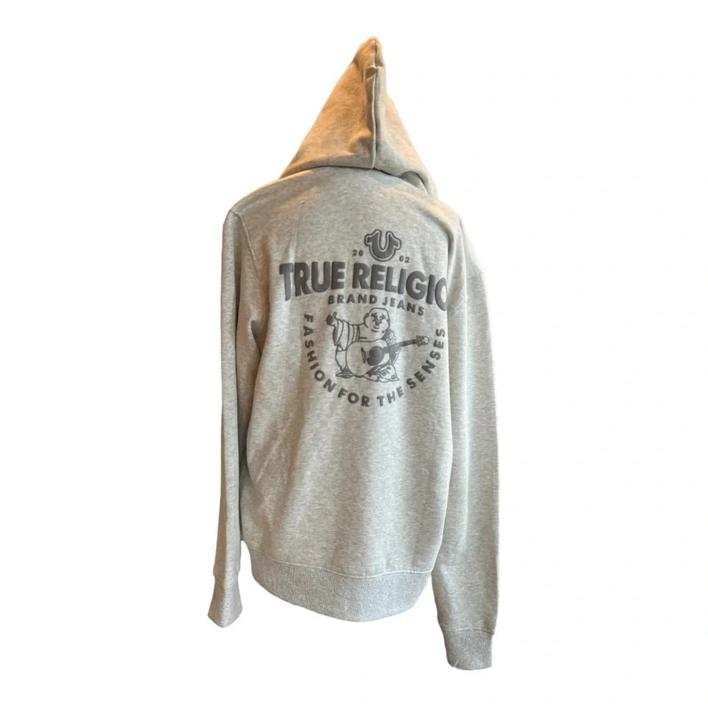 MEN TRUE RELIGION Logo Core ZIP UP OATMEAL Heather Fleece Hooded size large